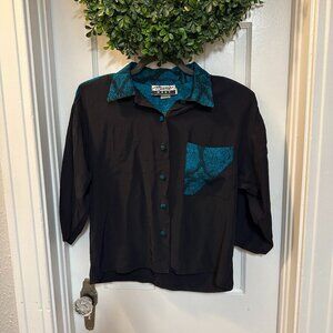 Marnie West Vintage Turquoise & Black Short Sleeved Button Down Blouse-Small